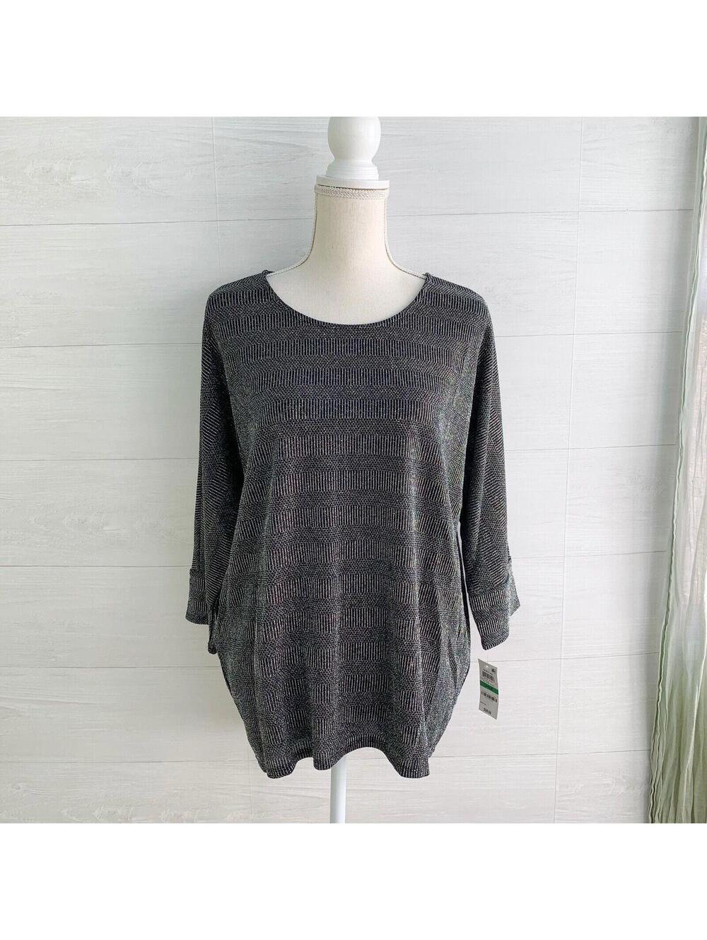 NWT Alfani Black Silver Metallic Hi Low Knit Tunic Top L 3/4 Sleeve